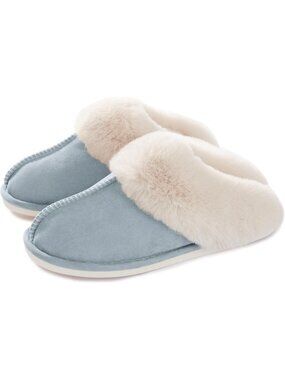 Women's Blue Fluffy Non Slip Slippers Memory Foam Warm Cozy Indoor House Shoes
